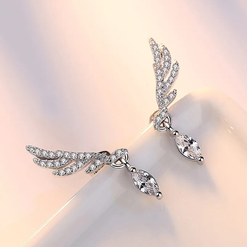 925 Sterling Silver Crystal Zircon Wings Stud Earrings