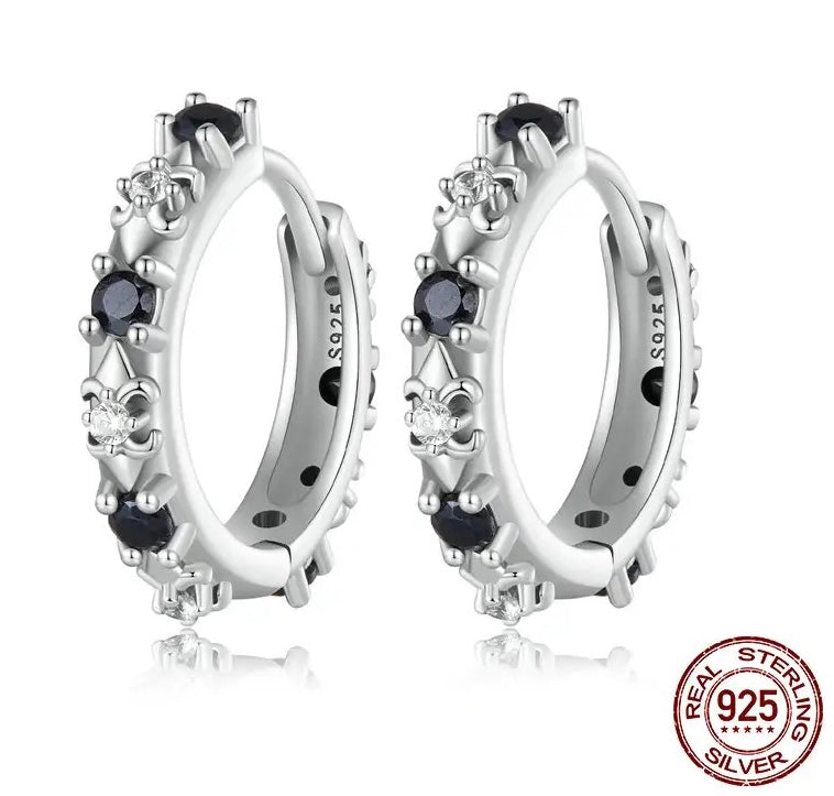 Black Zircon Onyx Hoop Earrings Vintage Style, sterling silver